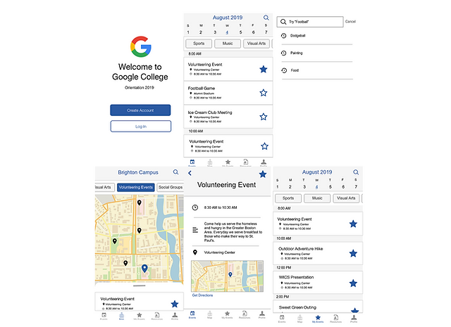 Screenshot of wireframes for a college app